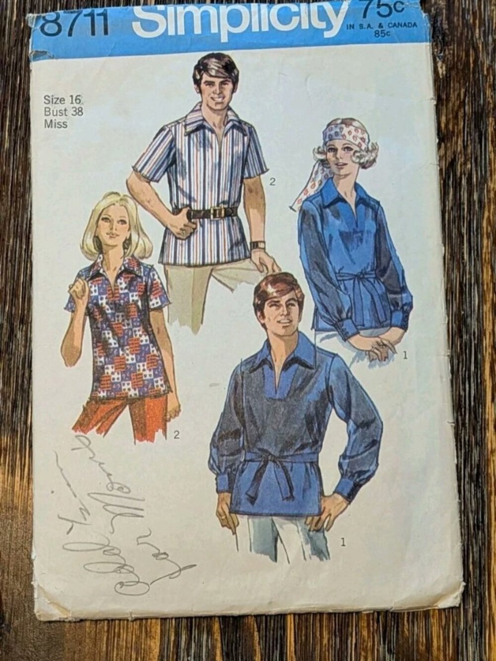 Simplicity 8711 Sewing Pattern Men's & Misses' Shirt Size 16 Cut 1970